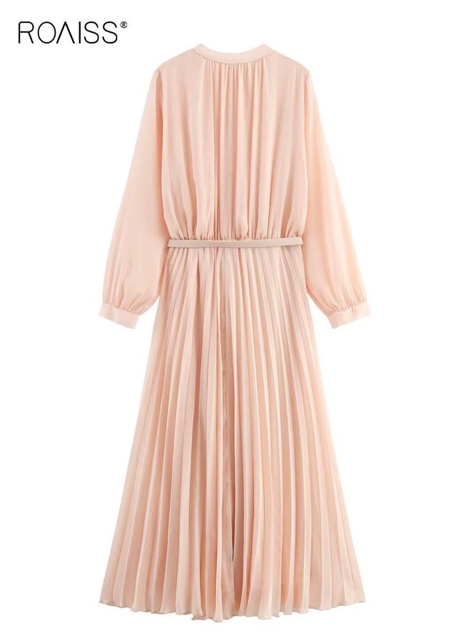 رويس فستان ميدي نسائي بأكمام طويلة مطوية، فستان أنيق بياقة دائرية وحزام، فستان رومانسي ناعم ومريح مناسب للعمل والمكتب والمواعيد والارتداء اليومي في فصلي الربيع والخريف، لون وردي فاتح - Image 2